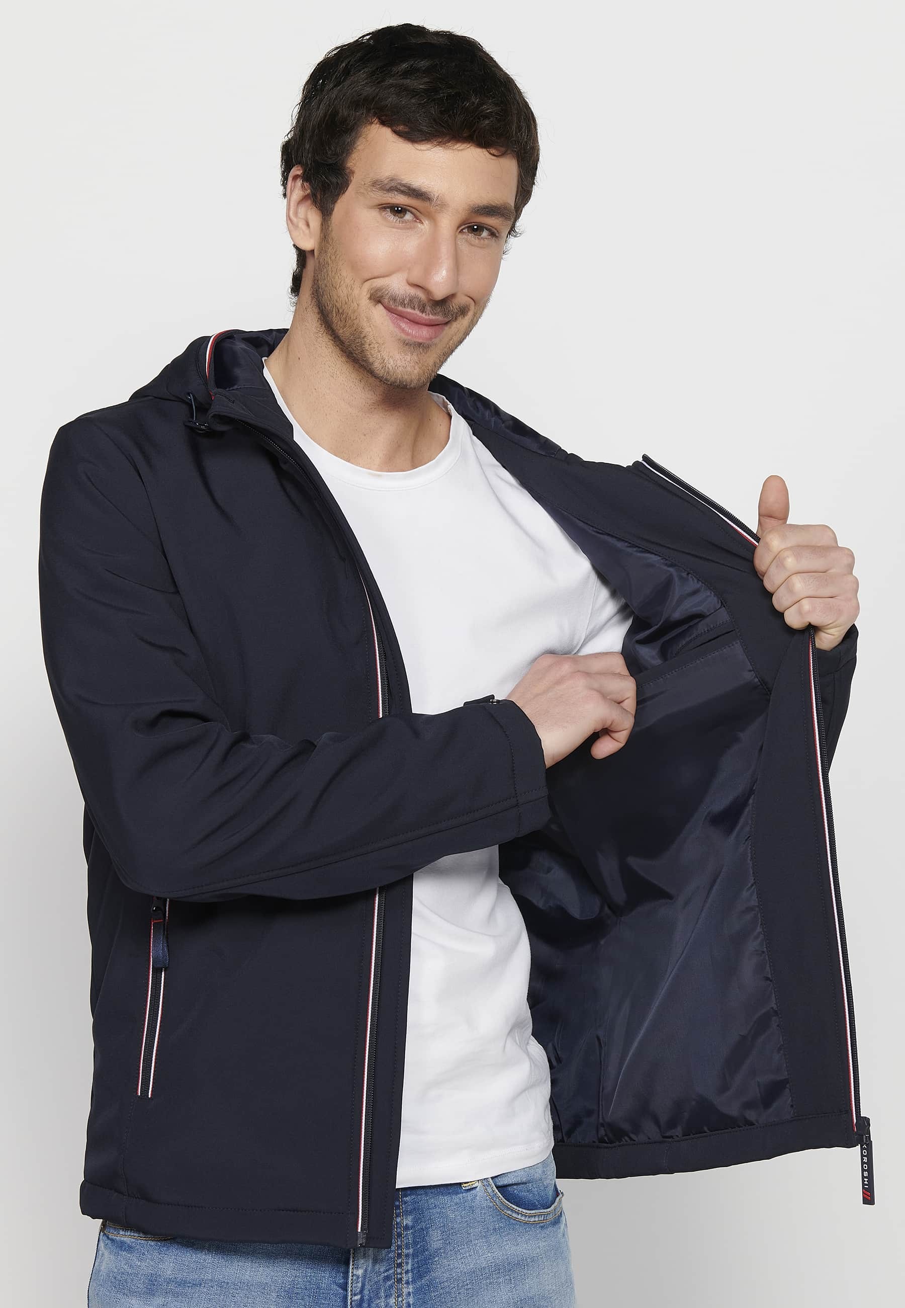 Navy Long Sleeve Jacket with Hooded Collar and Front Zipper Closure for Men 8