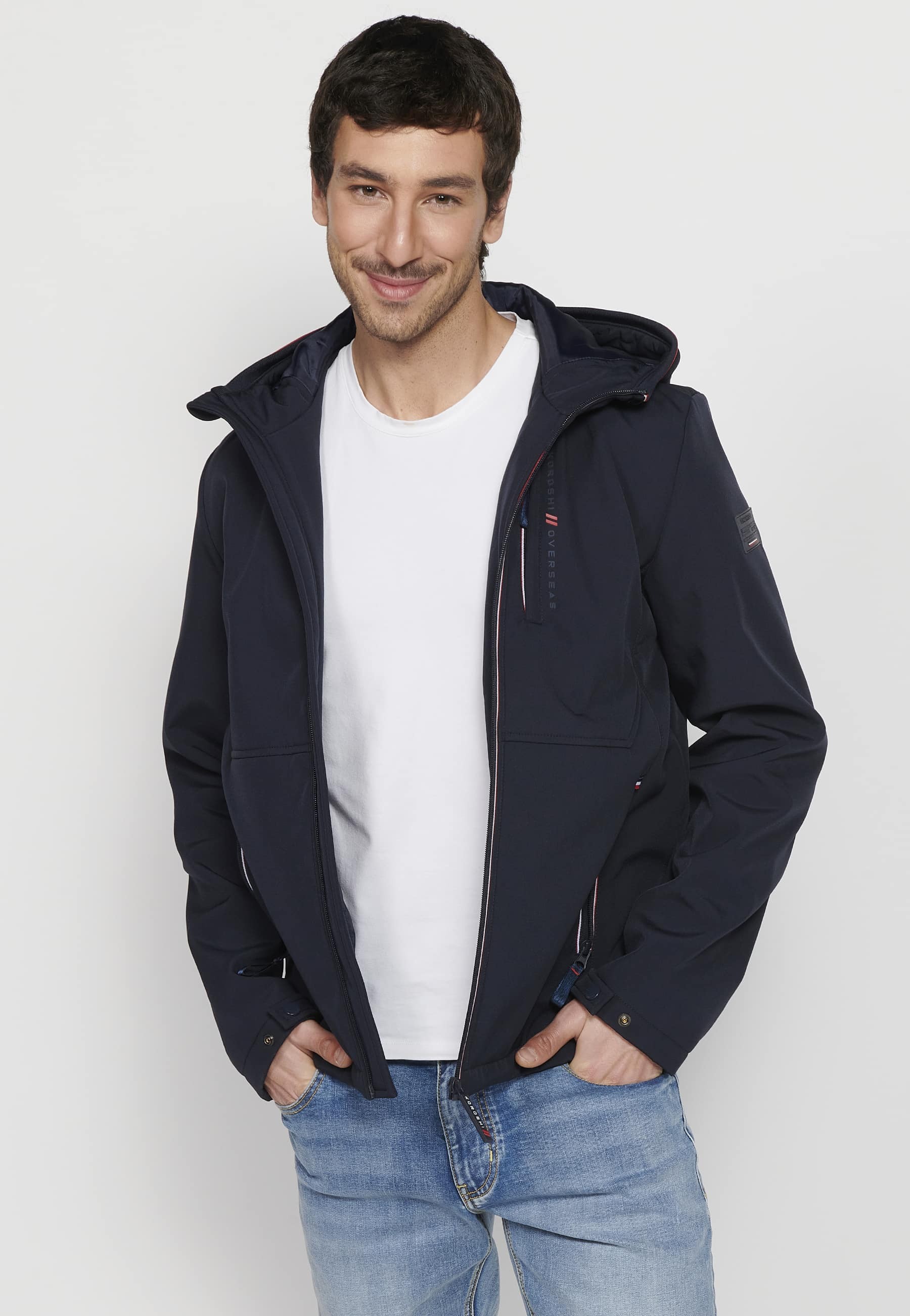 Navy Long Sleeve Jacket with Hooded Collar and Front Zipper Closure for Men 10