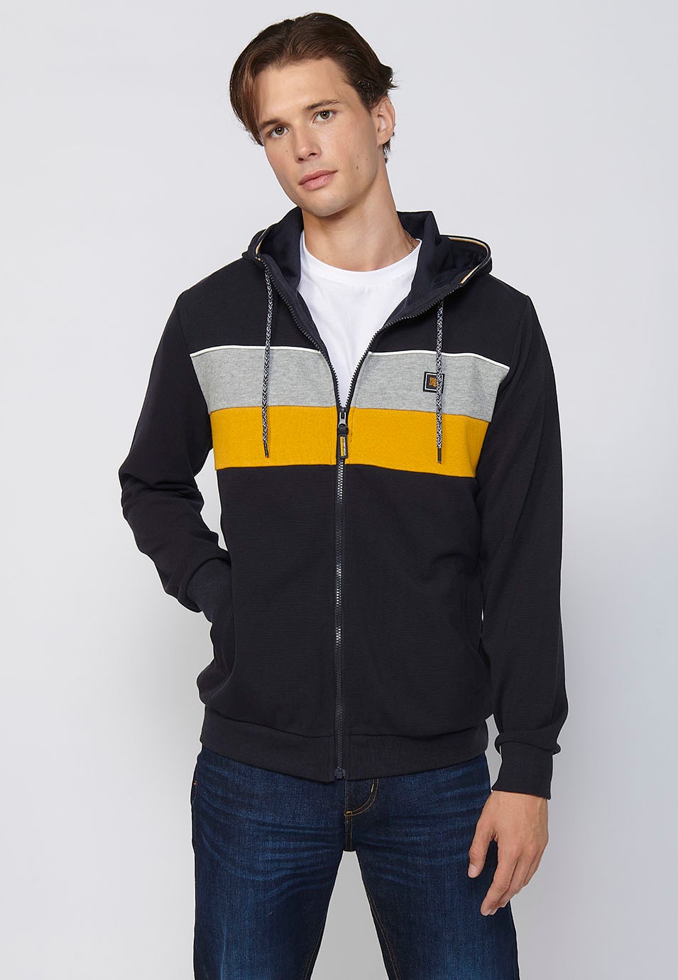Long-sleeved sweatshirt jacket with adjustable hooded collar with drawstring and front zipper closure in Navy for Men