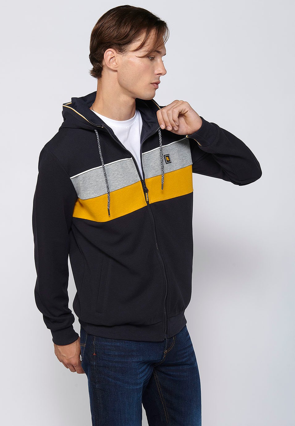 Long-sleeved sweatshirt jacket with adjustable hooded collar with drawstring and front zipper closure in Navy for Men