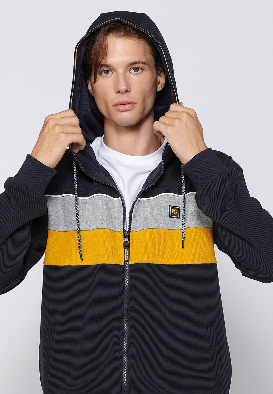 Long-sleeved sweatshirt jacket with adjustable hooded collar with drawstring and front zipper closure in Navy for Men