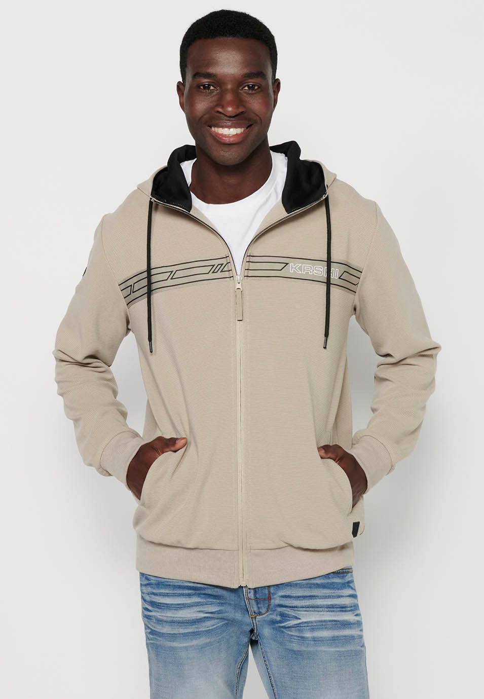 Veste sweat-shirt à capuche et col pour hommes, couleur pierre, fermeture éclair sur le devant