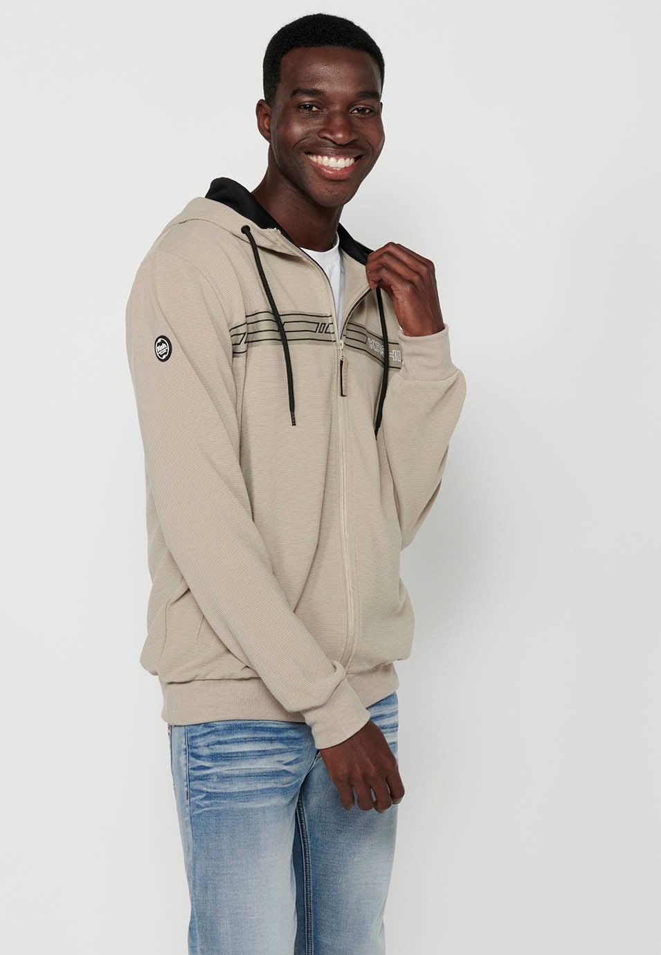 Veste sweat-shirt à capuche et col pour hommes, couleur pierre, fermeture éclair sur le devant