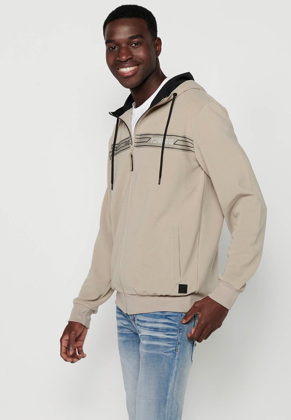 Men's Stone Color Zipper Front Closure Hooded Collar Sweatshirt Jacket