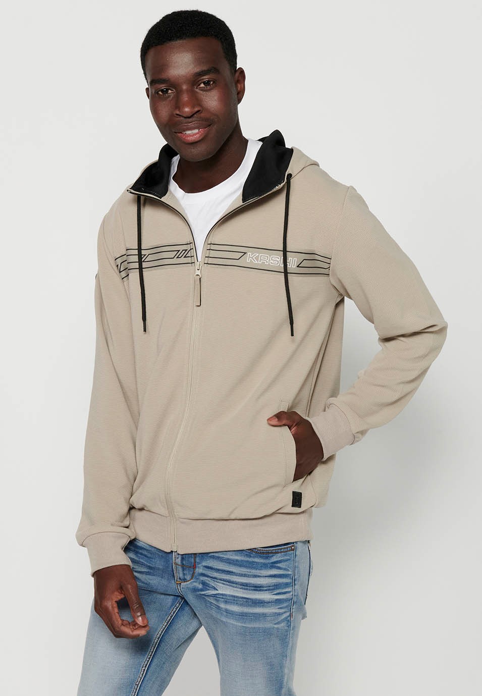 Veste sweat-shirt à capuche et col pour hommes, couleur pierre, fermeture éclair sur le devant