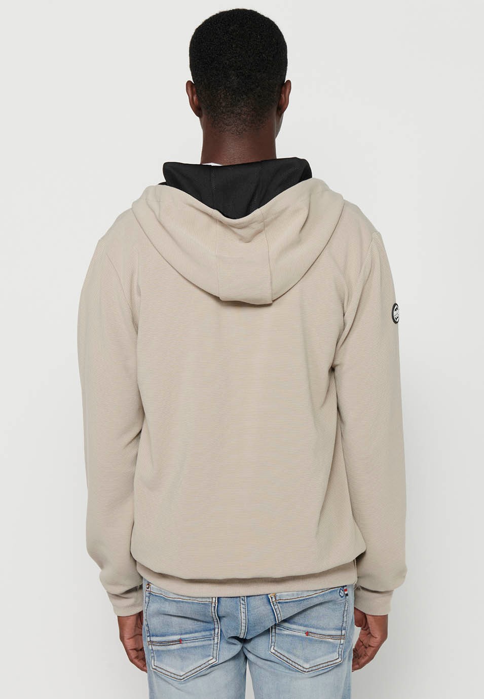 Veste sweat-shirt à capuche et col pour hommes, couleur pierre, fermeture éclair sur le devant