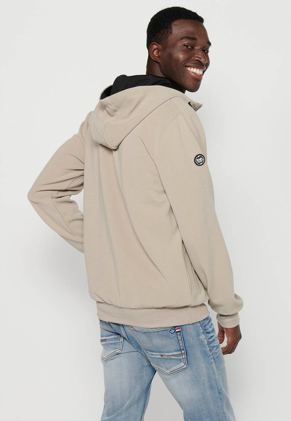 Veste sweat-shirt à capuche et col pour hommes, couleur pierre, fermeture éclair sur le devant