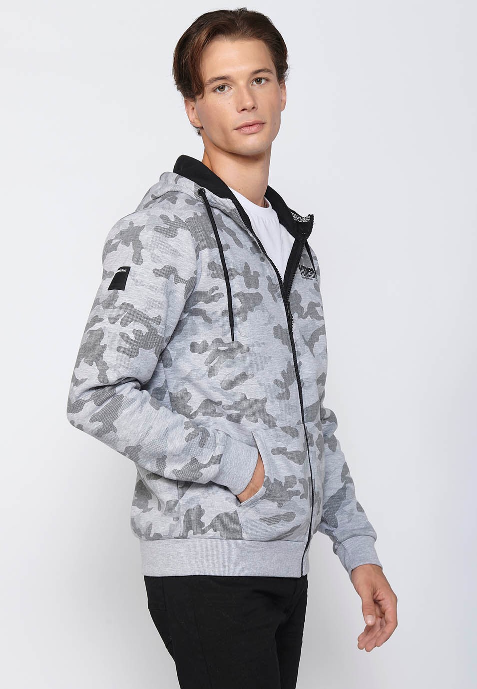 Veste sweat-shirt à manches longues avec col à capuche réglable avec cordon de serrage et fermeture zippée sur le devant en Marine pour homme