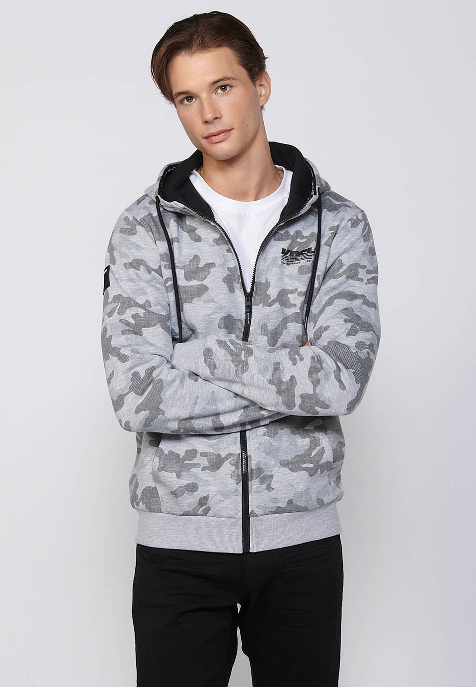 Long-sleeved sweatshirt jacket with adjustable hooded collar with drawstring and front zipper closure in Navy for Men