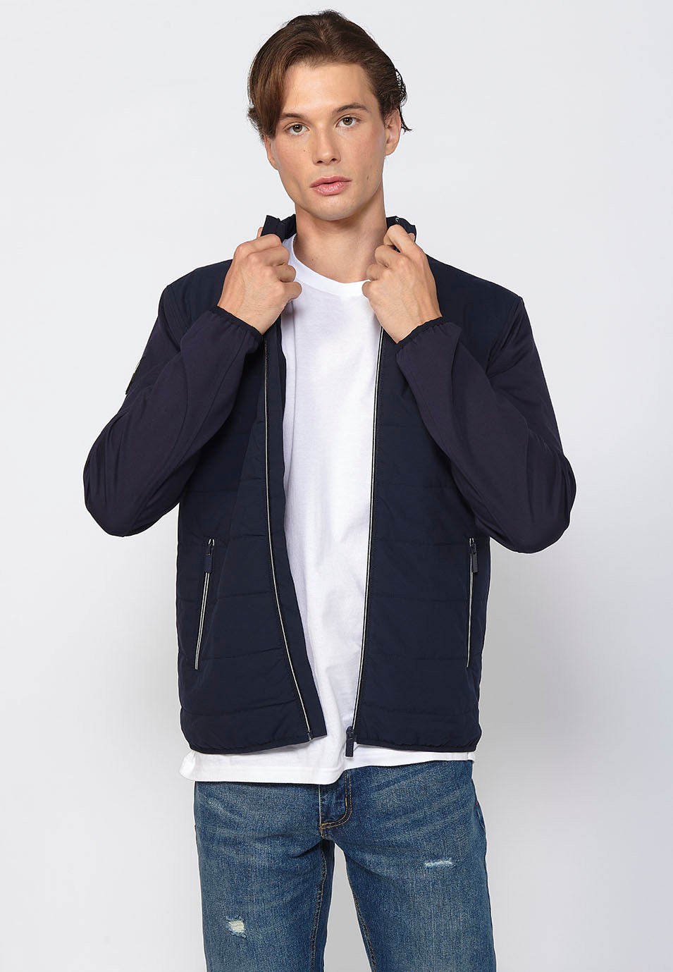 Navy Long Sleeve Jacket with Round Neck and Front Zipper Closure for Men