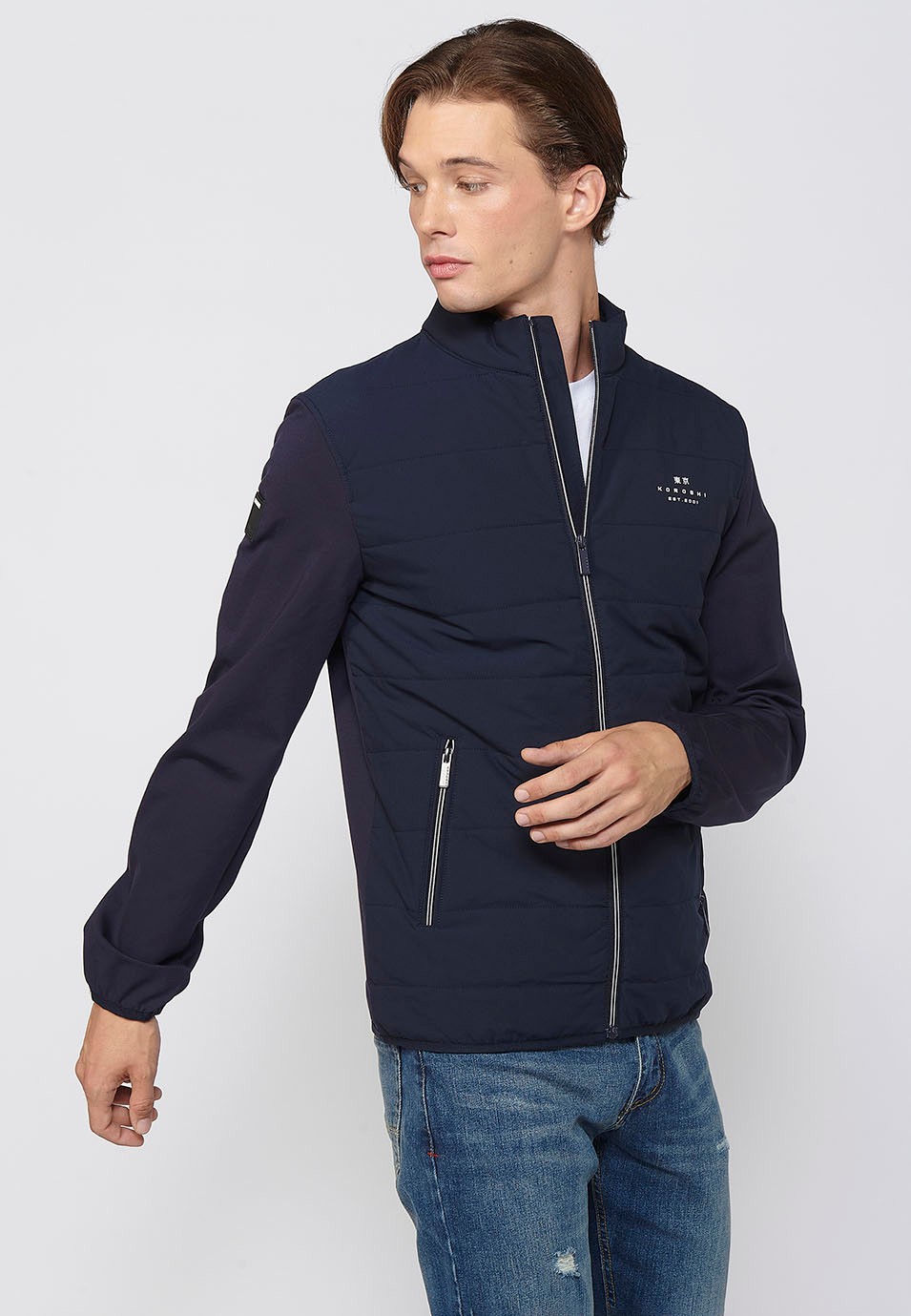 Navy Long Sleeve Jacket with Round Neck and Front Zipper Closure for Men