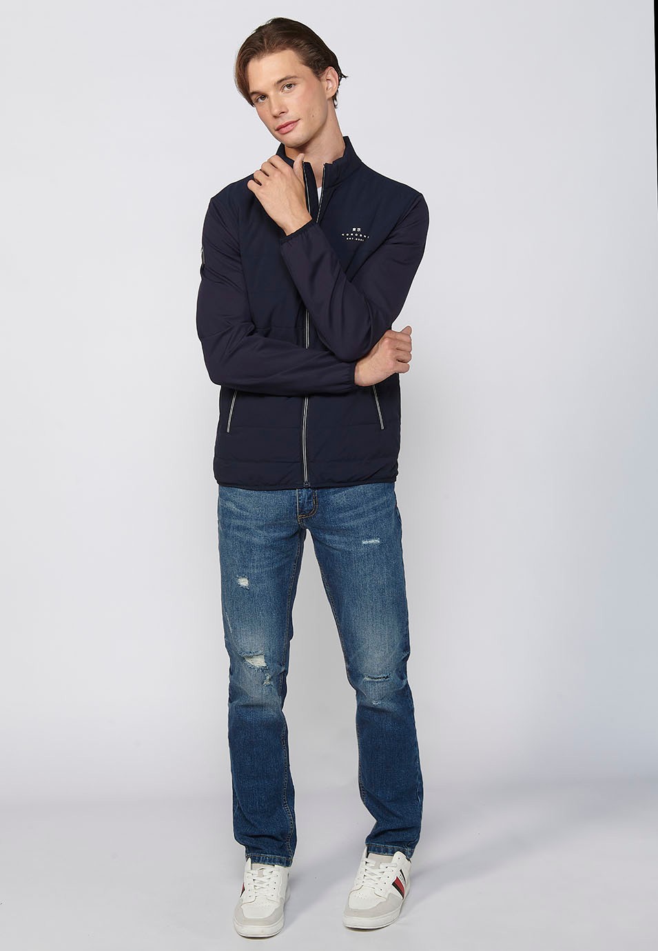 Navy Long Sleeve Jacket with Round Neck and Front Zipper Closure for Men