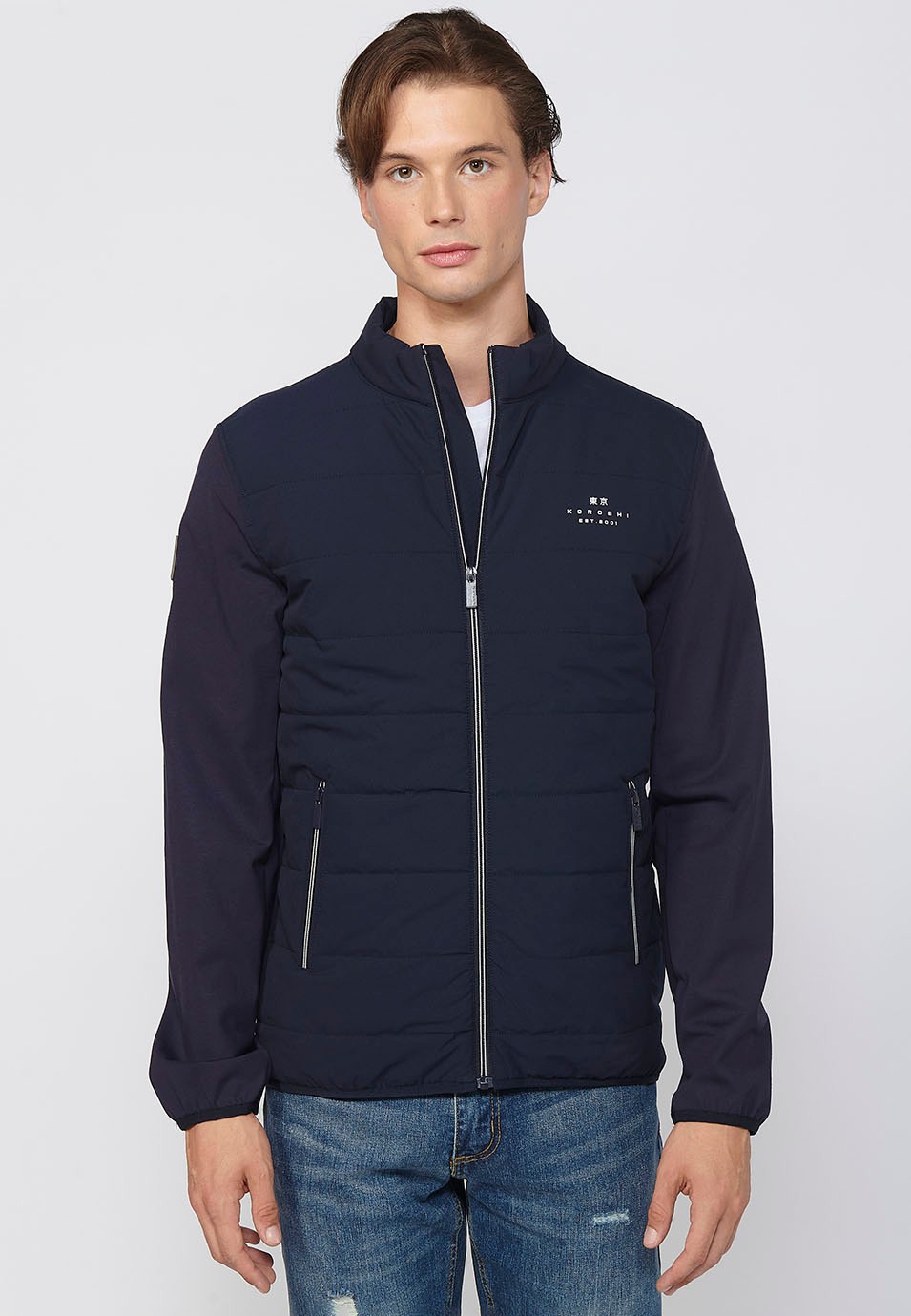 Navy Long Sleeve Jacket with Round Neck and Front Zipper Closure for Men