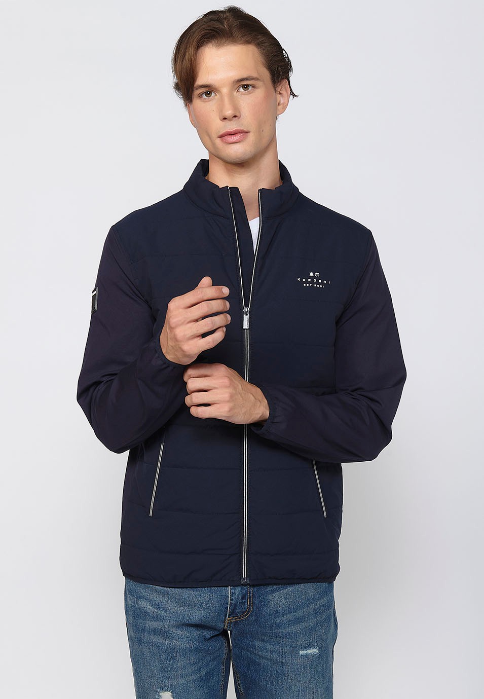 Navy Long Sleeve Jacket with Round Neck and Front Zipper Closure for Men