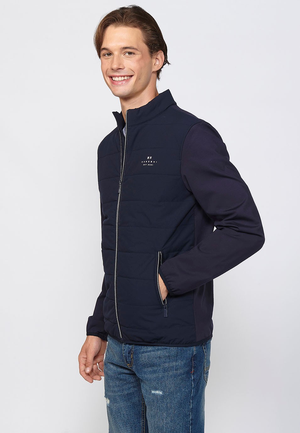 Navy Long Sleeve Jacket with Round Neck and Front Zipper Closure for Men