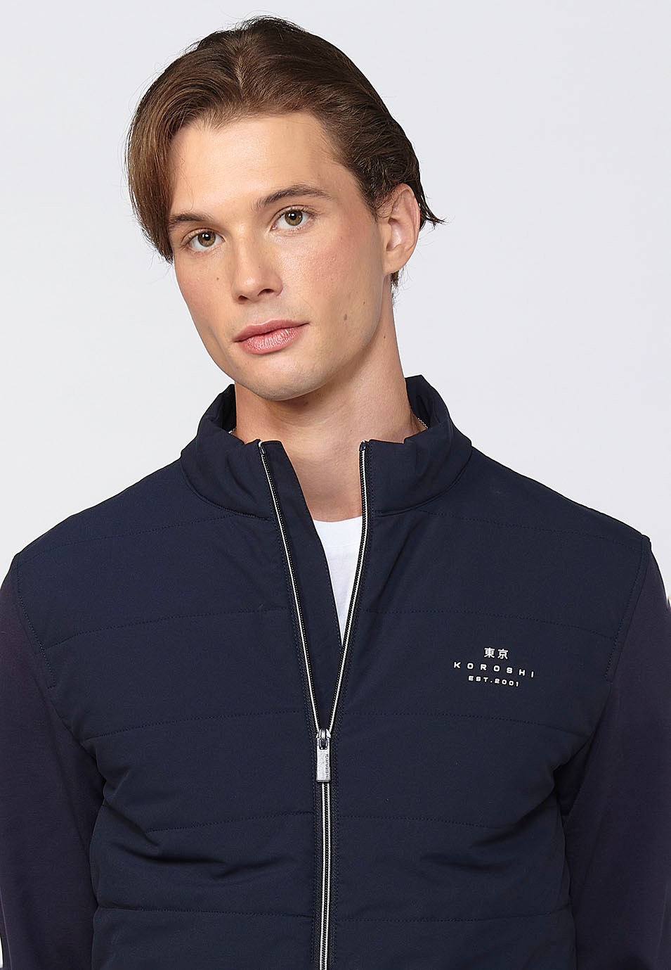 Navy Long Sleeve Jacket with Round Neck and Front Zipper Closure for Men