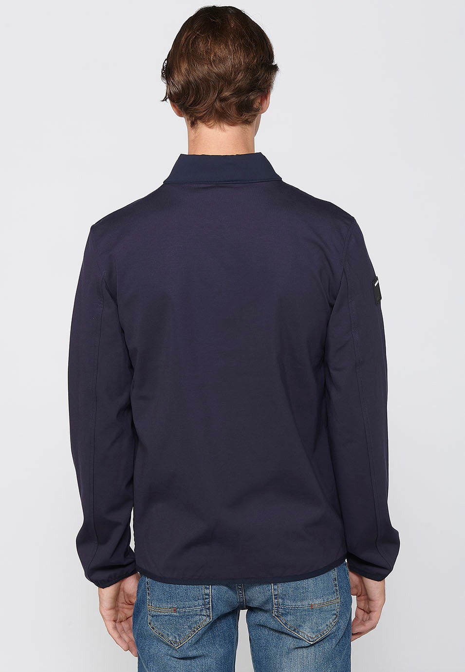 Navy Long Sleeve Jacket with Round Neck and Front Zipper Closure for Men