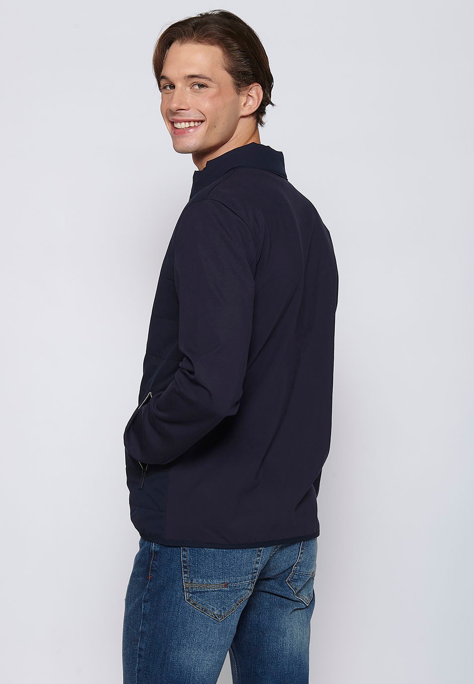 Navy Long Sleeve Jacket with Round Neck and Front Zipper Closure for Men