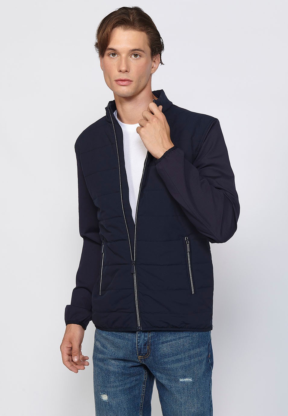 Navy Long Sleeve Jacket with Round Neck and Front Zipper Closure for Men