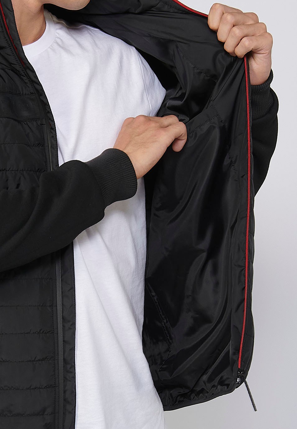 Long-sleeved Jacket with Round Neck and Front Zipper Closure with Front Details in Black for Men