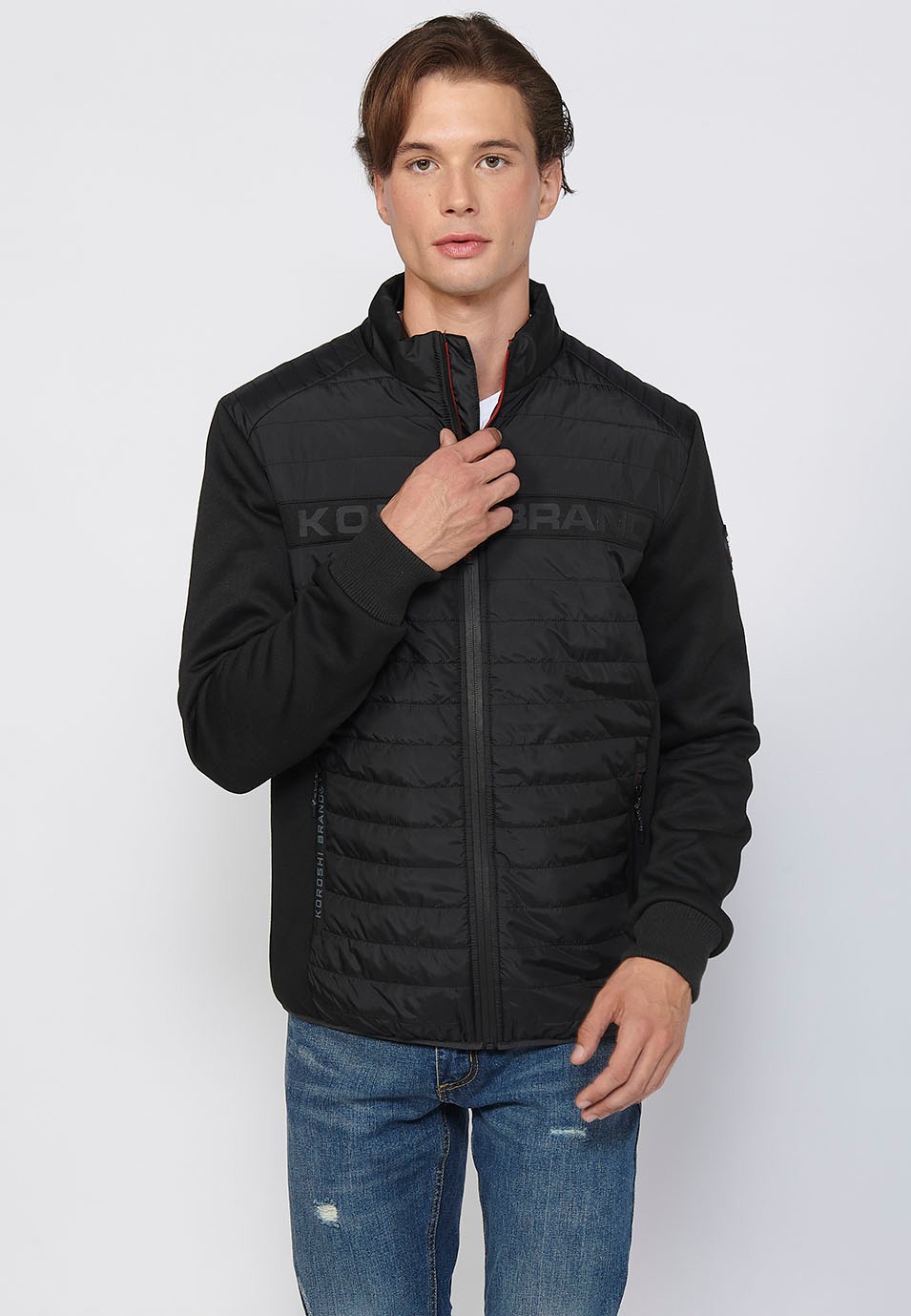 Long-sleeved Jacket with Round Neck and Front Zipper Closure with Front Details in Black for Men