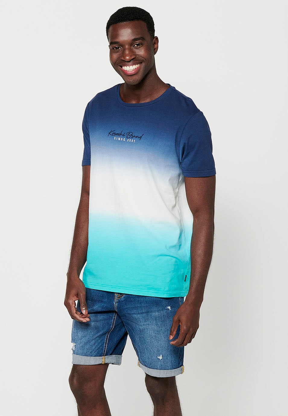 Short-sleeved Cotton T-shirt with Round Neck and Front Embroidery with Blue Gradient Effect for Men