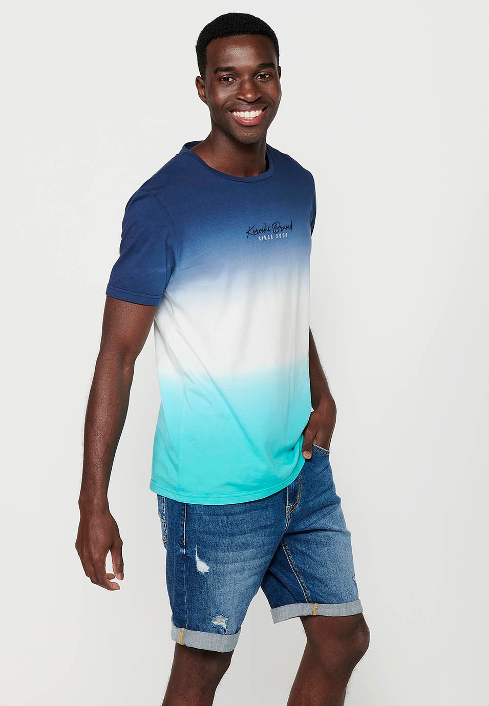 Short-sleeved Cotton T-shirt with Round Neck and Front Embroidery with Blue Gradient Effect for Men 5