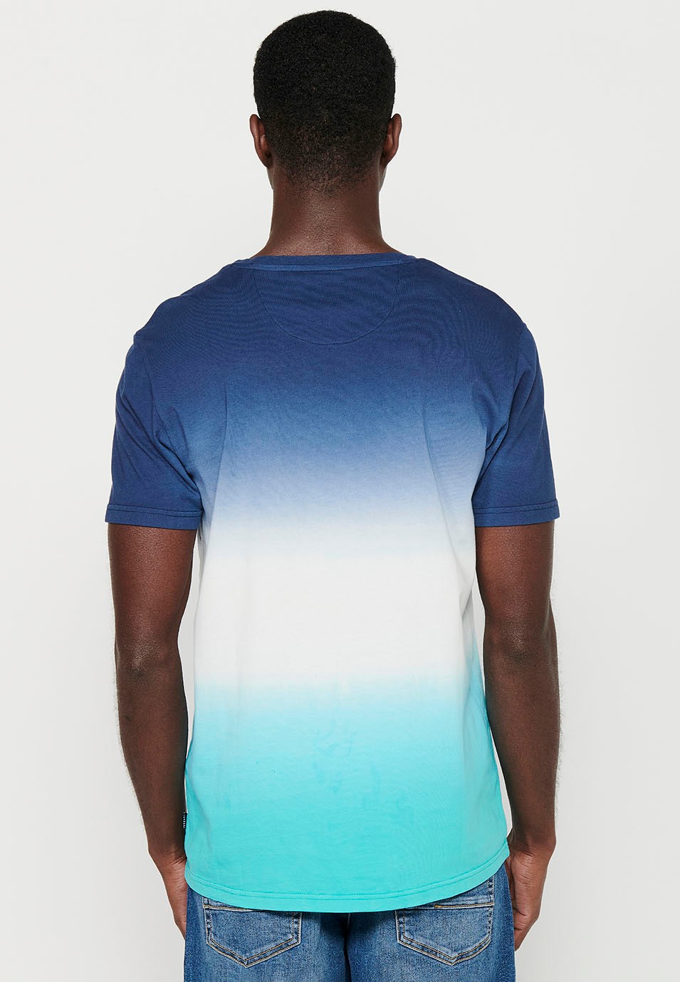 Kurzärmeliges Baumwoll-T-Shirt mit Rundhalsausschnitt und Stickerei vorne mit blauem Farbverlaufseffekt für Herren 1