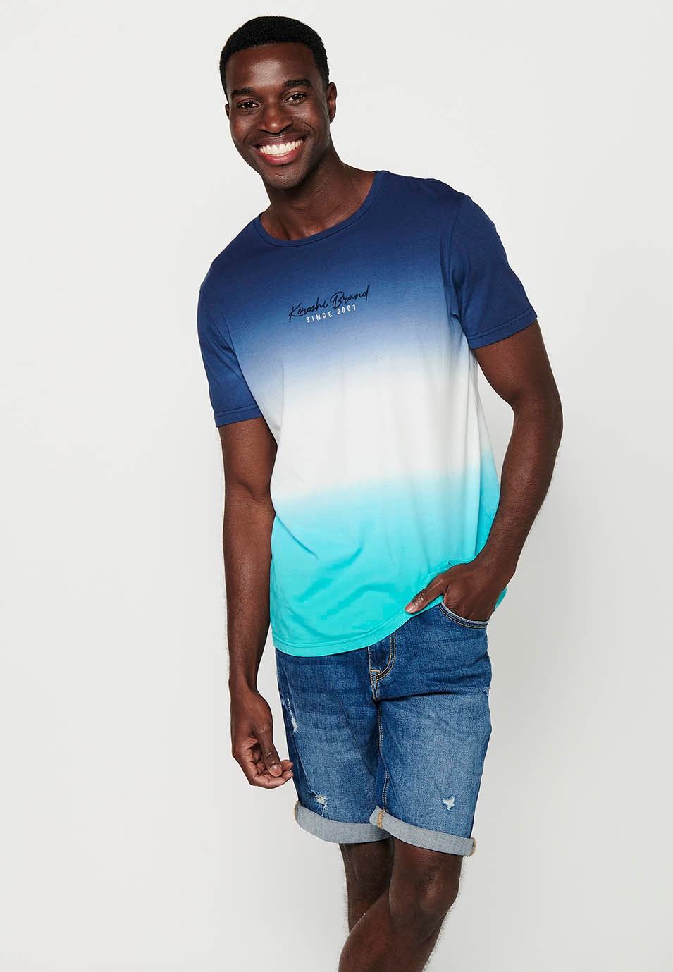 Short-sleeved Cotton T-shirt with Round Neck and Front Embroidery with Blue Gradient Effect for Men 2