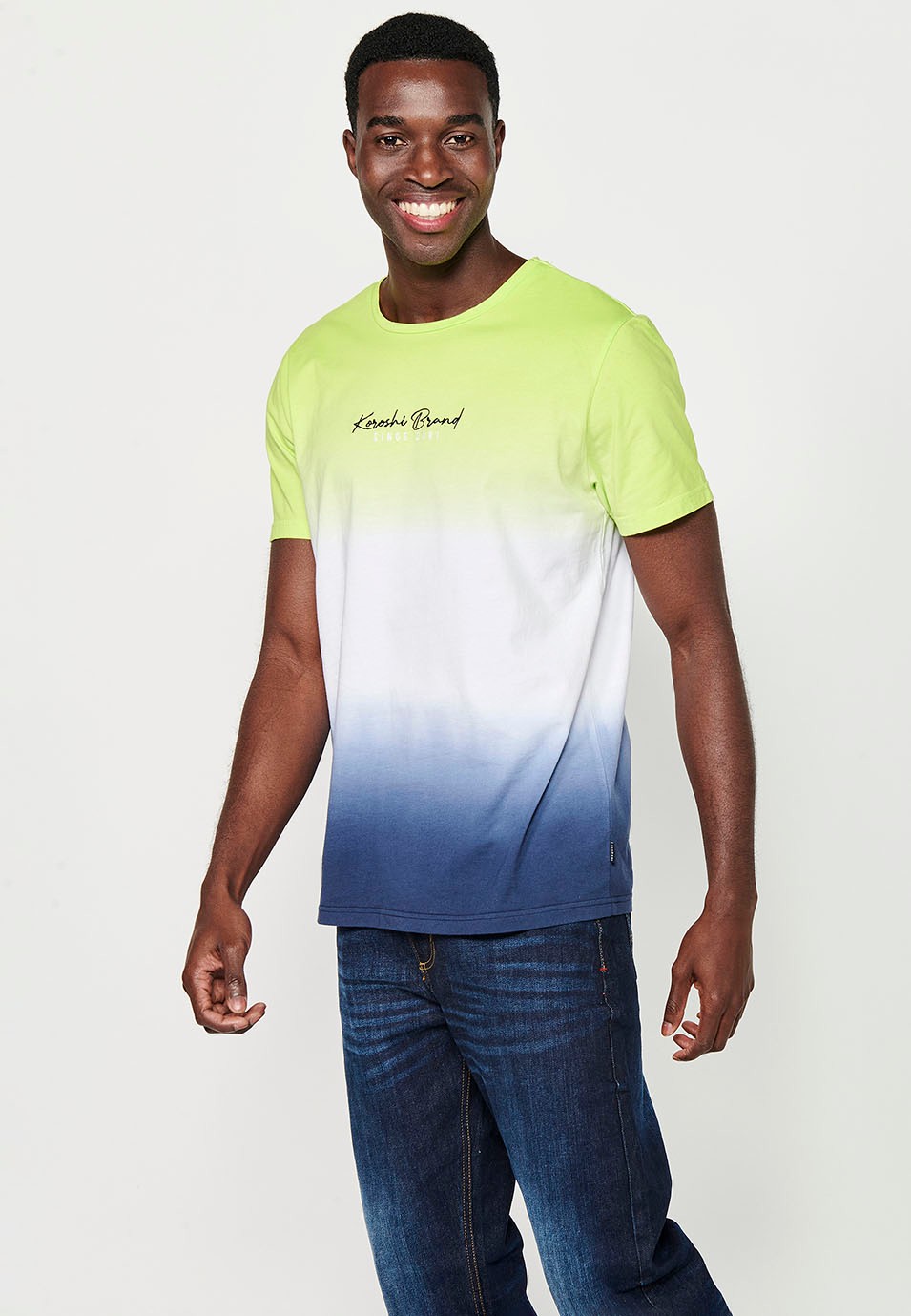 Short-sleeved Cotton T-shirt with Round Neck and Front Embroidery with Lime Color Gradient Effect for Men
