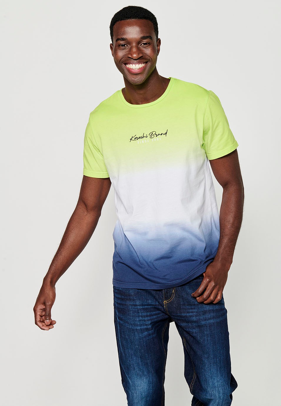 Short-sleeved Cotton T-shirt with Round Neck and Front Embroidery with Lime Color Gradient Effect for Men 4
