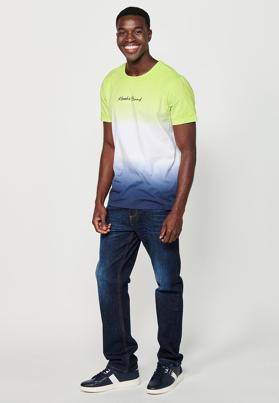 Short-sleeved Cotton T-shirt with Round Neck and Front Embroidery with Lime Color Gradient Effect for Men 2