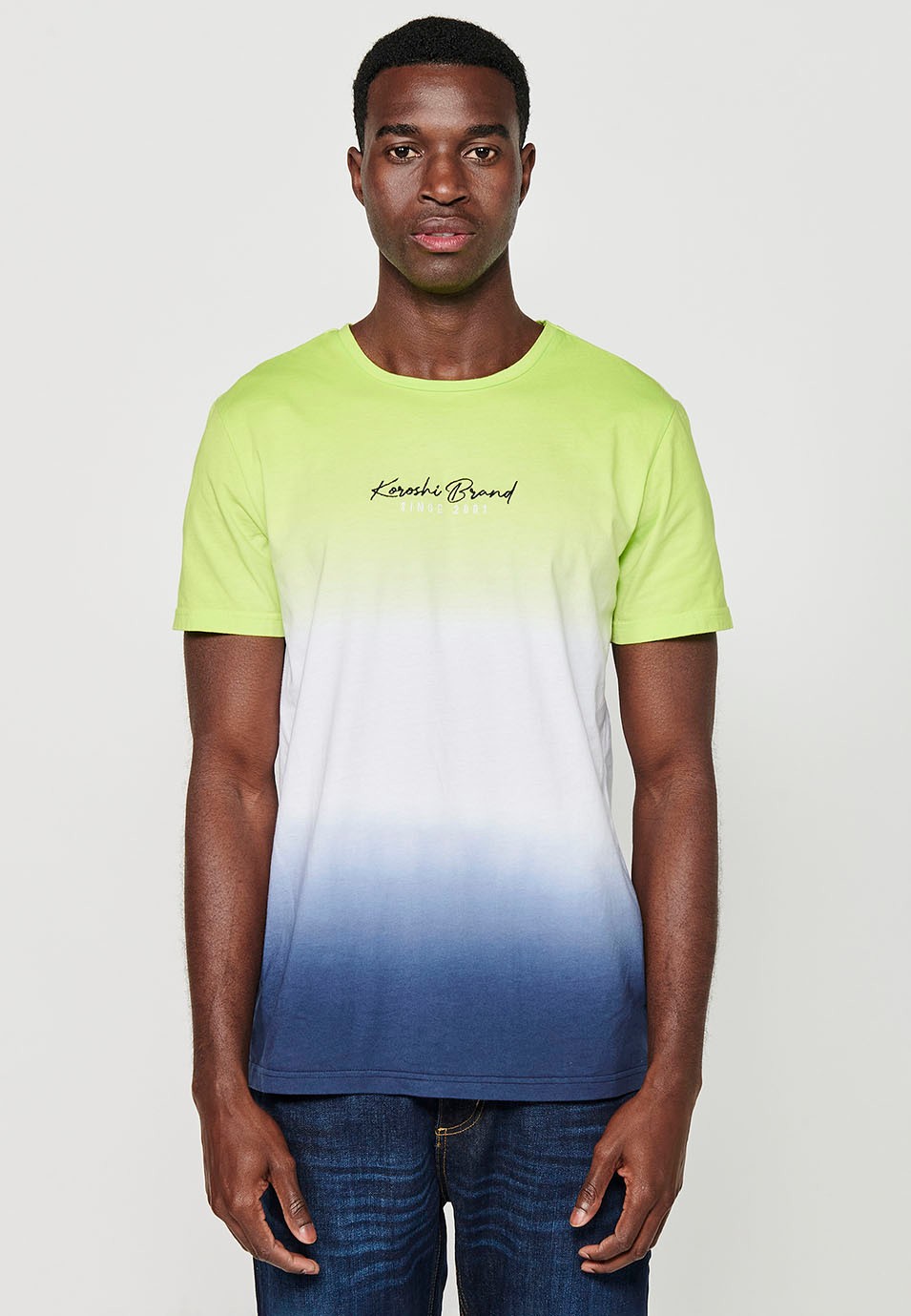 Camiseta de manga corta de Algodón con Cuello redondo y Bordado delantero con Efecto degradado de Color Lima para Hombre 7