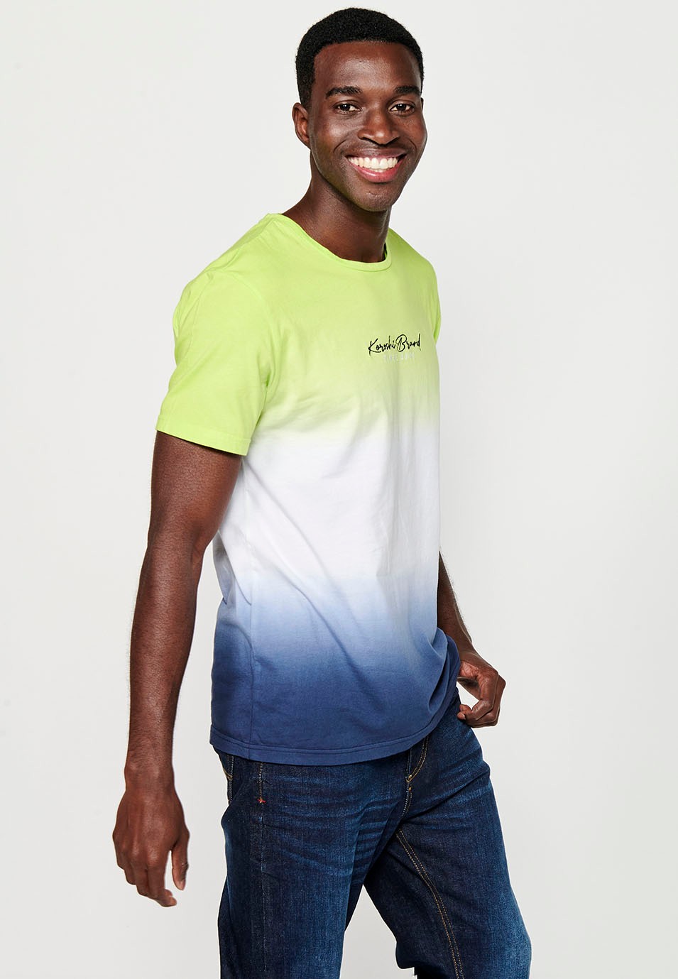 Short-sleeved Cotton T-shirt with Round Neck and Front Embroidery with Lime Color Gradient Effect for Men 1