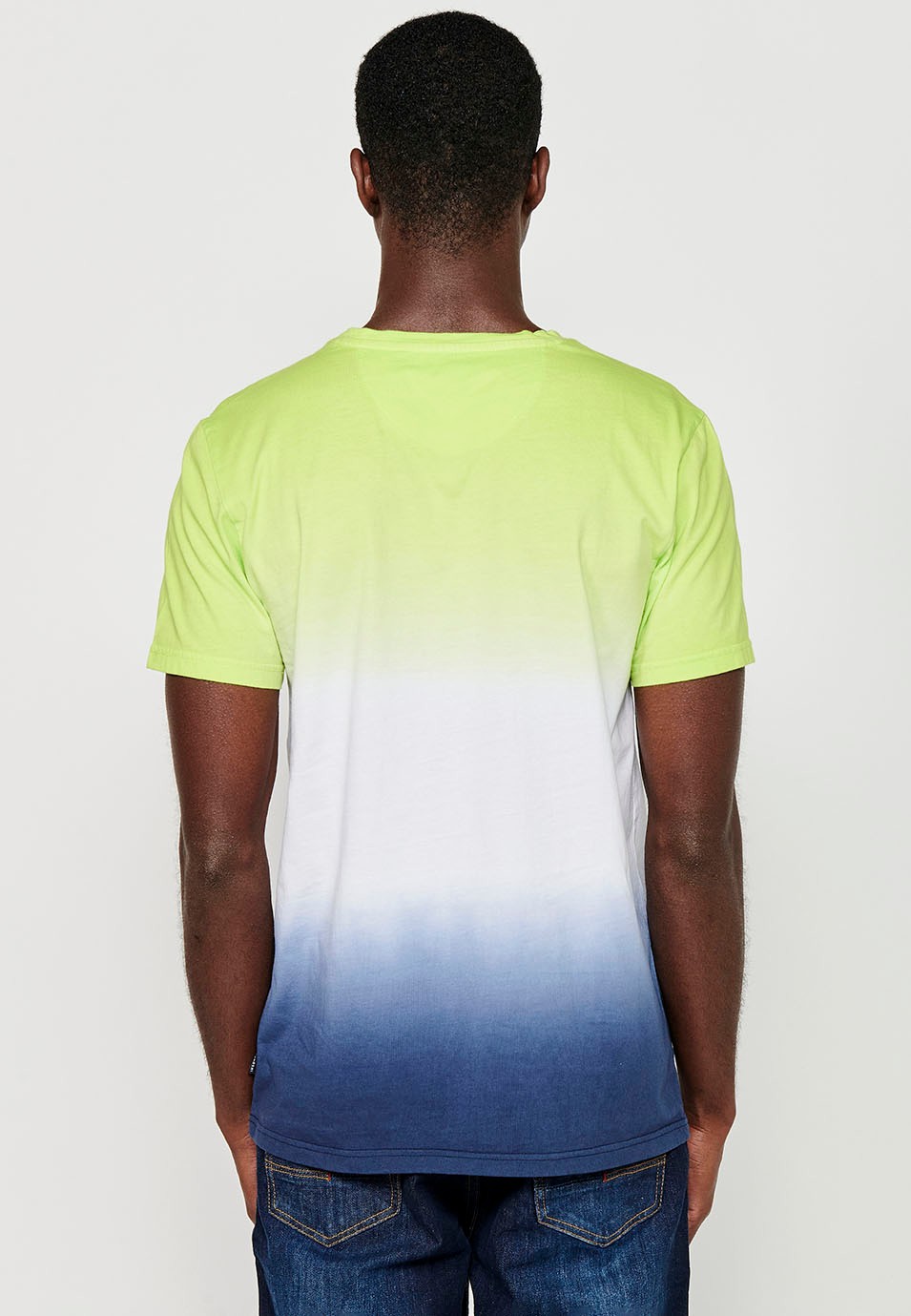 Short-sleeved Cotton T-shirt with Round Neck and Front Embroidery with Lime Color Gradient Effect for Men 6