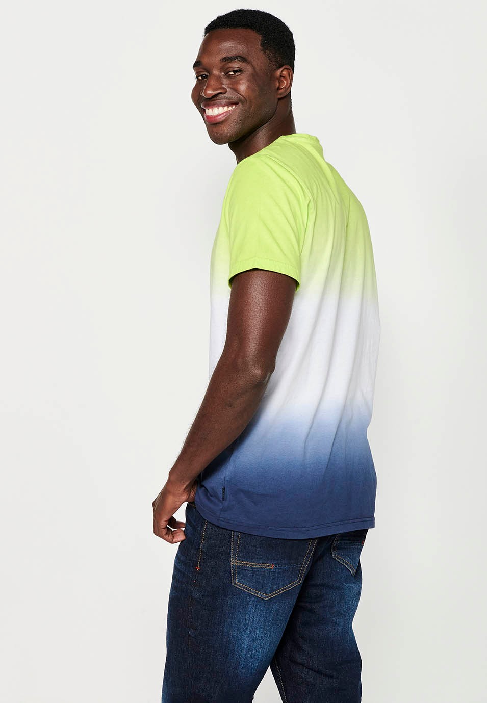 Short-sleeved Cotton T-shirt with Round Neck and Front Embroidery with Lime Color Gradient Effect for Men 3