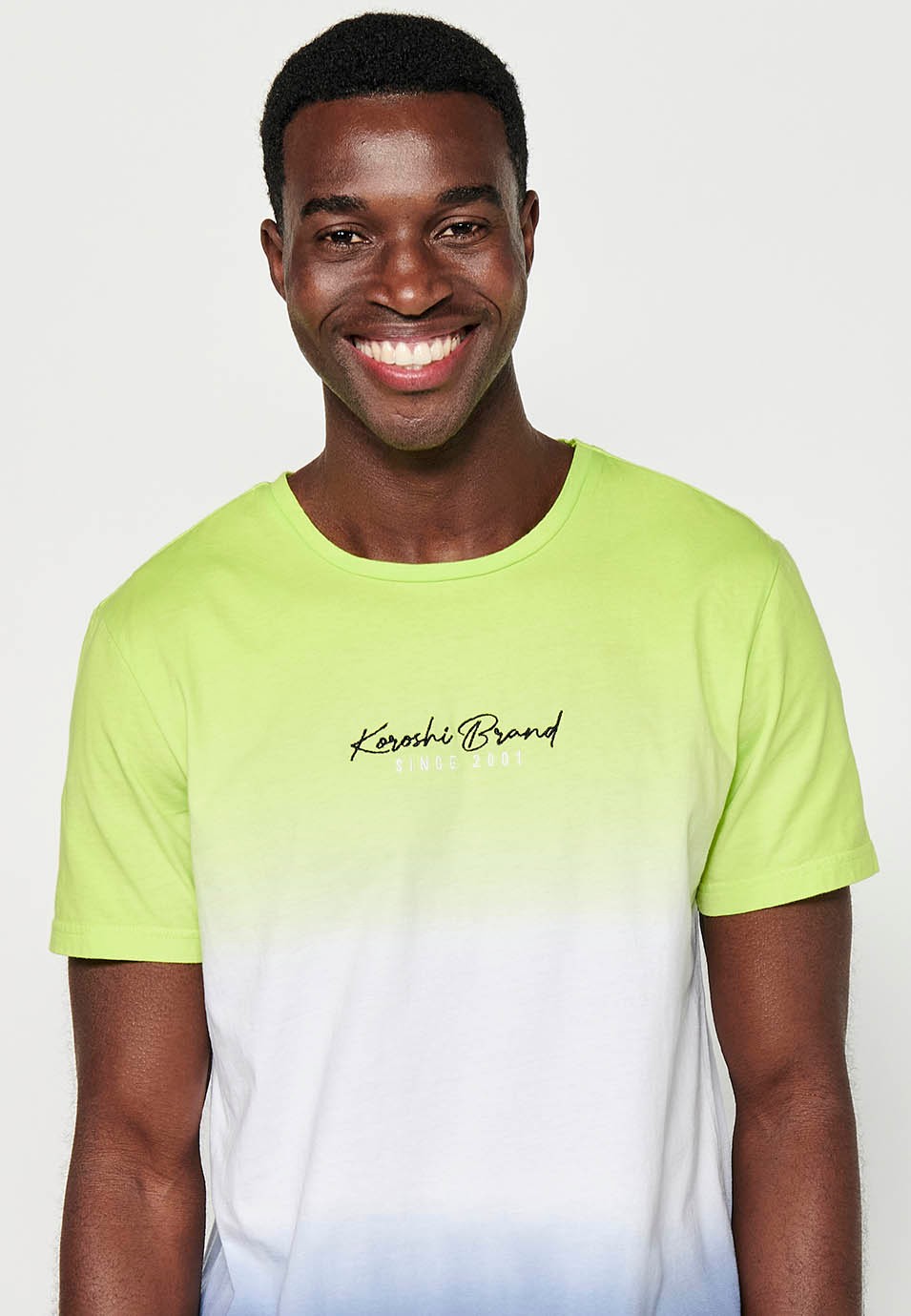 Short-sleeved Cotton T-shirt with Round Neck and Front Embroidery with Lime Color Gradient Effect for Men 5