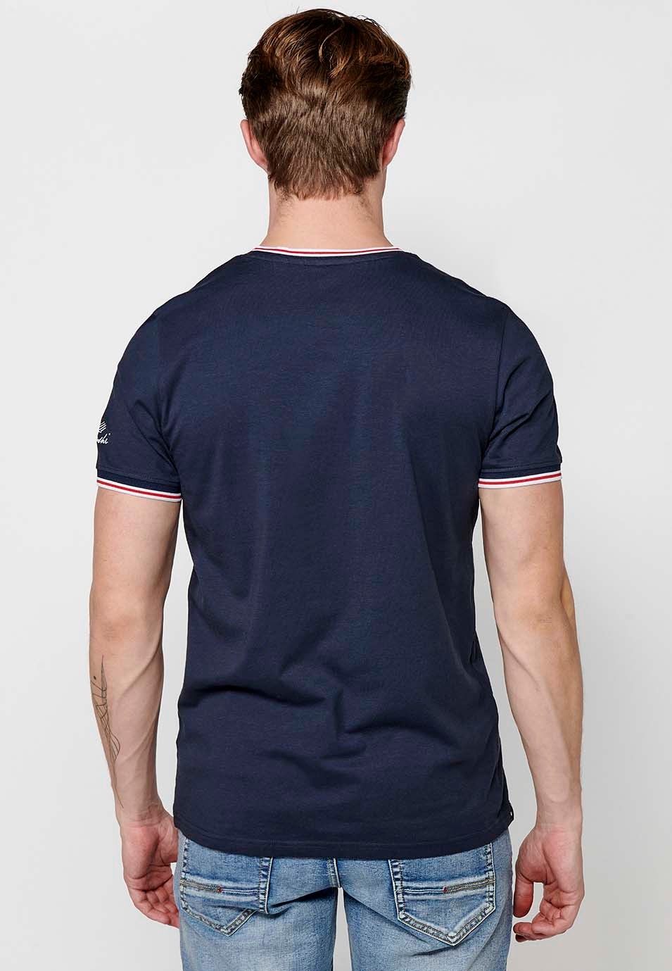 Short-sleeved V-neck T-shirt with navy buttons for men