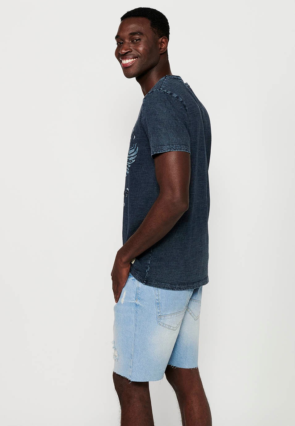 Kurzarm-T-Shirt, Frontdruck und Rundhalsausschnitt, blaue Farbe für Herren