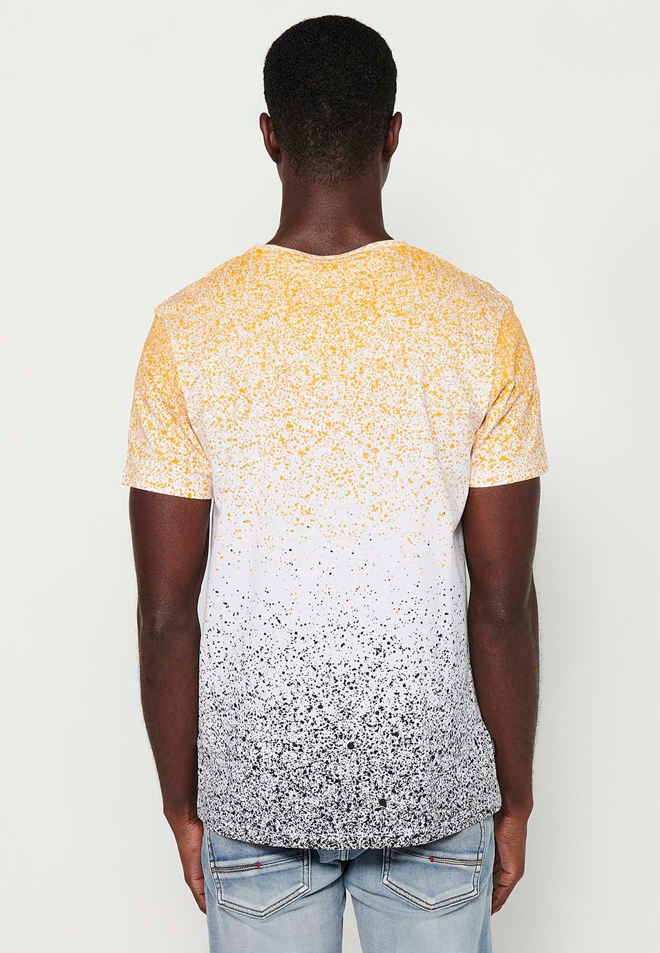 Gelbes Herren-T-Shirt mit Rundhalsausschnitt und Farbverlaufsdruck und kurzen Ärmeln