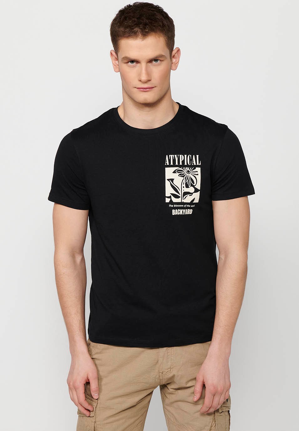 Men's black short-sleeved cotton T-shirt, round neck and back print