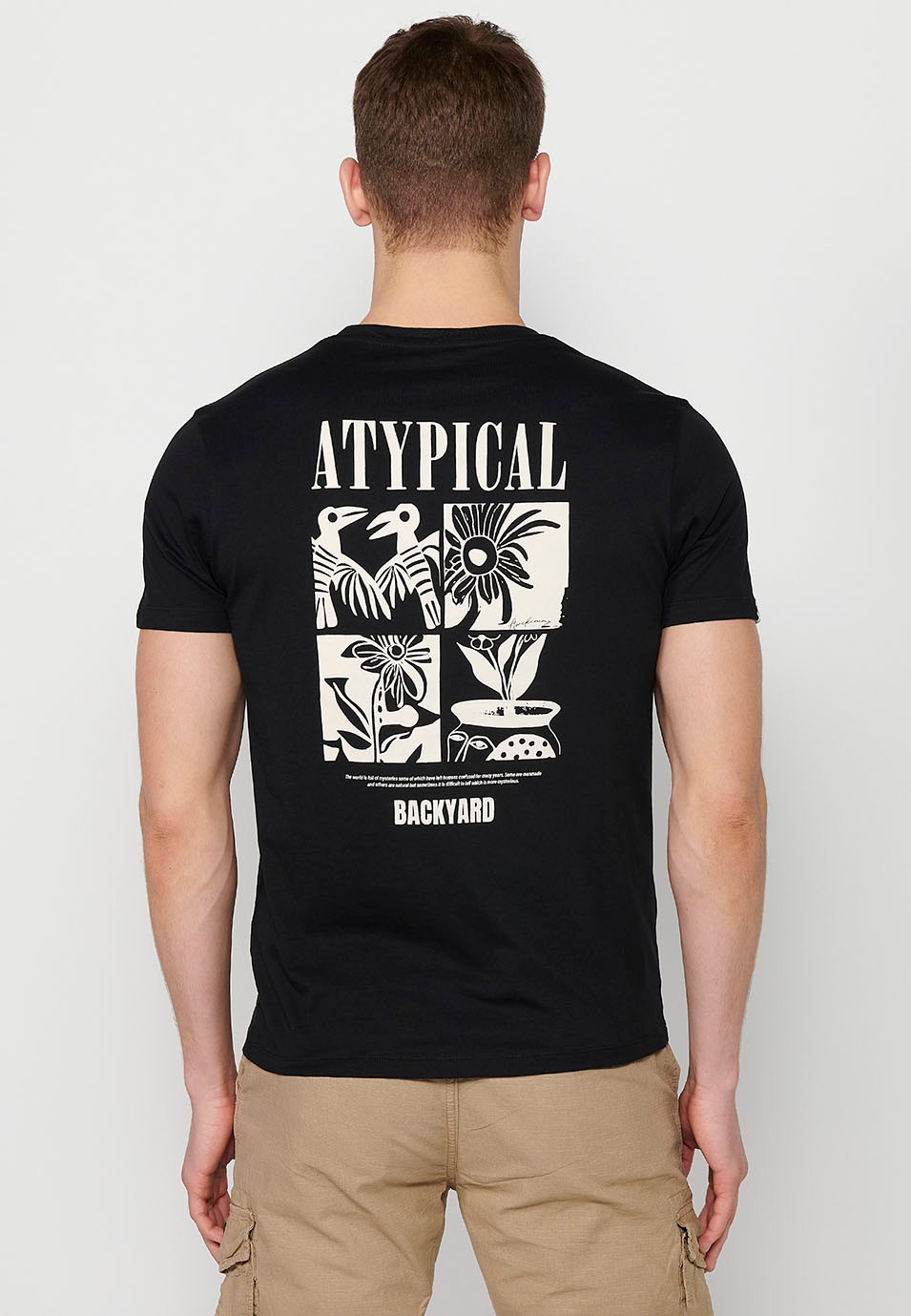 Schwarzes Herren-T-Shirt aus Baumwolle mit kurzen Ärmeln, Rundhalsausschnitt und Rückenaufdruck