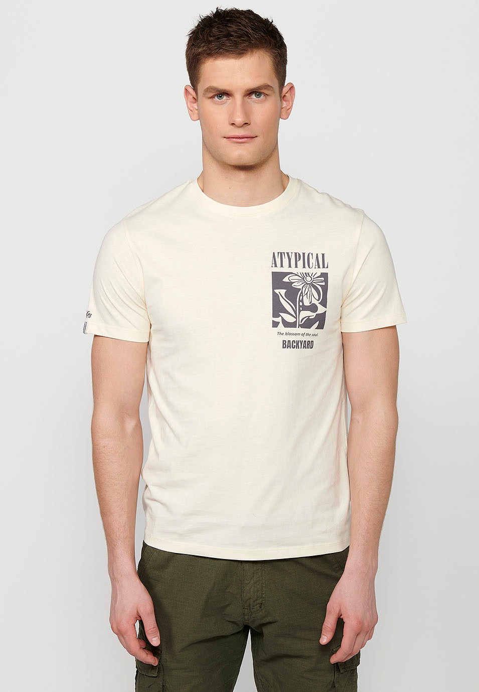 Men's black short-sleeved cotton T-shirt, round neck and cream print
