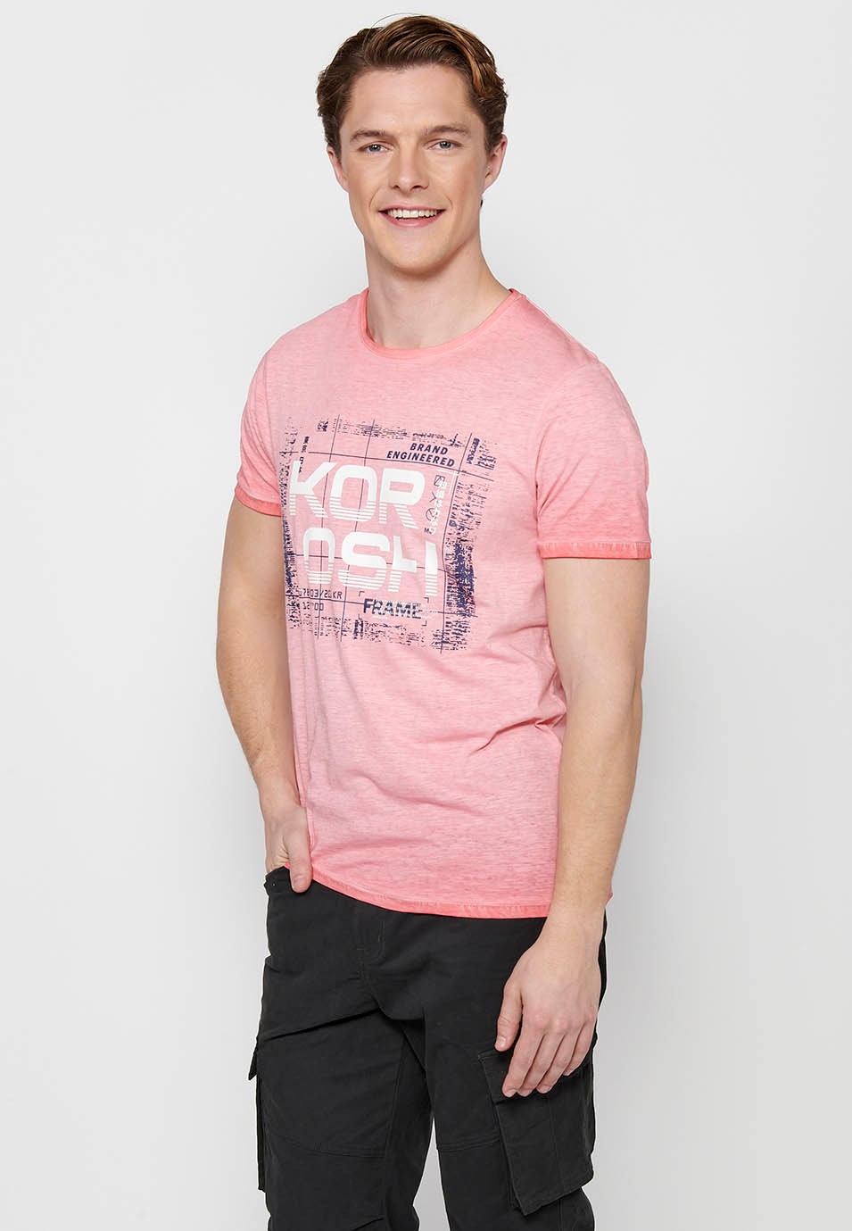 Short-sleeved Cotton T-shirt with Round Neck and Pink Front Print for Men