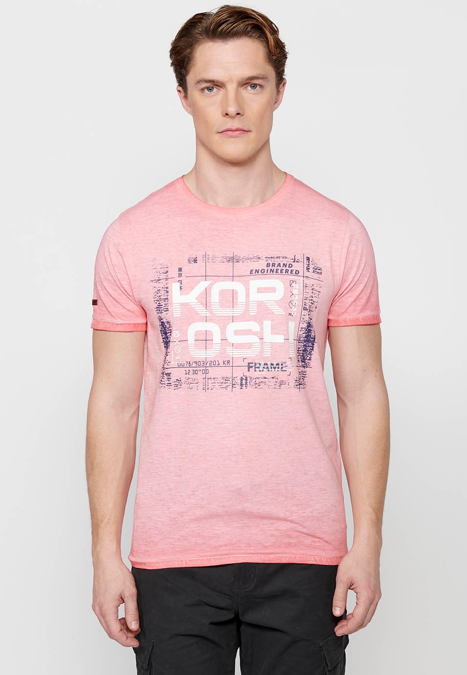 Short-sleeved Cotton T-shirt with Round Neck and Pink Front Print for Men 6
