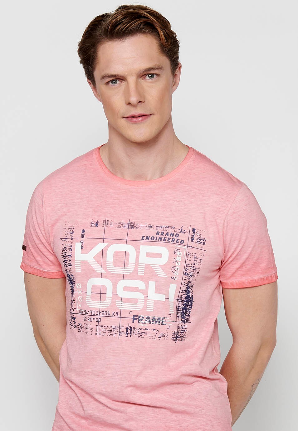 Short-sleeved Cotton T-shirt with Round Neck and Pink Front Print for Men 1
