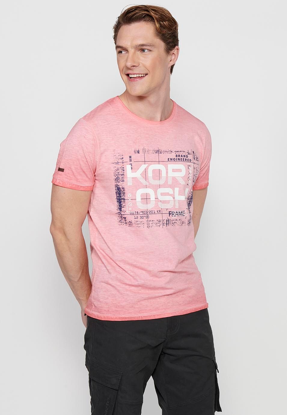 Short-sleeved Cotton T-shirt with Round Neck and Pink Front Print for Men 5