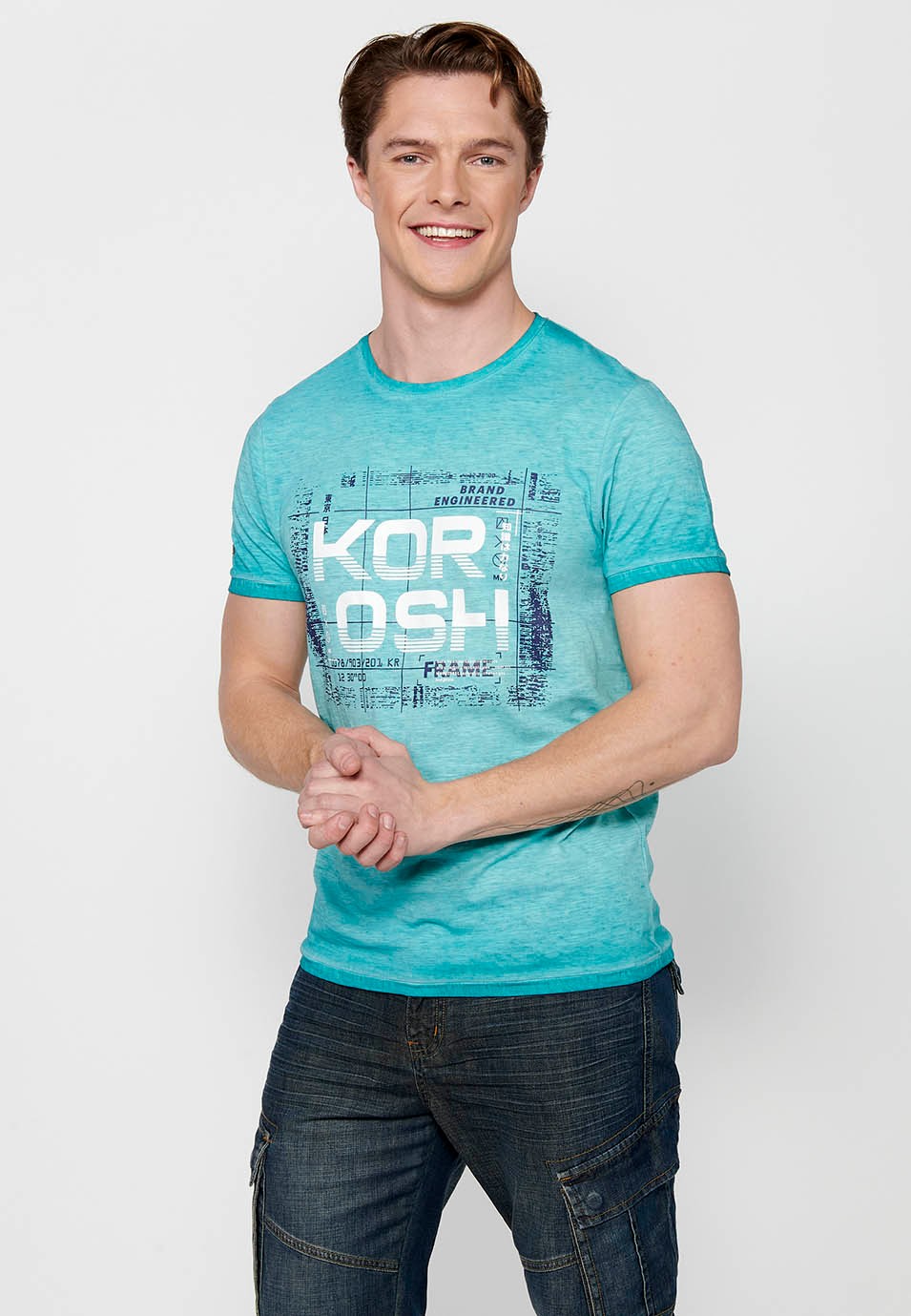 Kurzärmliges Herren-T-Shirt aus Baumwolle mit Rundhalsausschnitt und mintfarbenem Aufdruck auf der Vorderseite