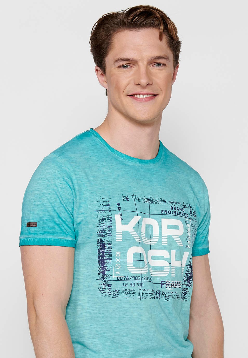Kurzärmliges Herren-T-Shirt aus Baumwolle mit Rundhalsausschnitt und mintfarbenem Aufdruck auf der Vorderseite 7