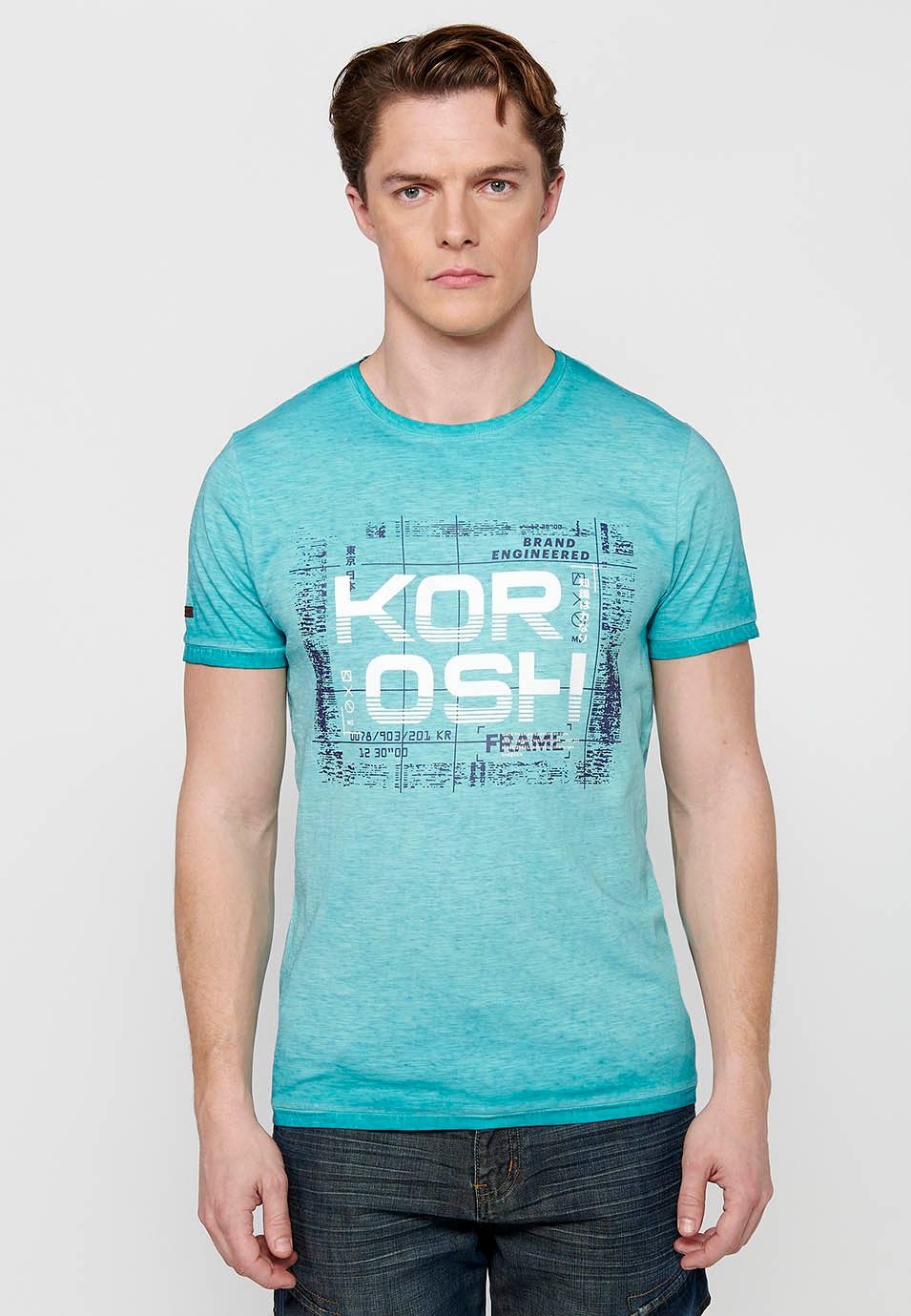 Kurzärmliges Herren-T-Shirt aus Baumwolle mit Rundhalsausschnitt und mintfarbenem Aufdruck auf der Vorderseite 4